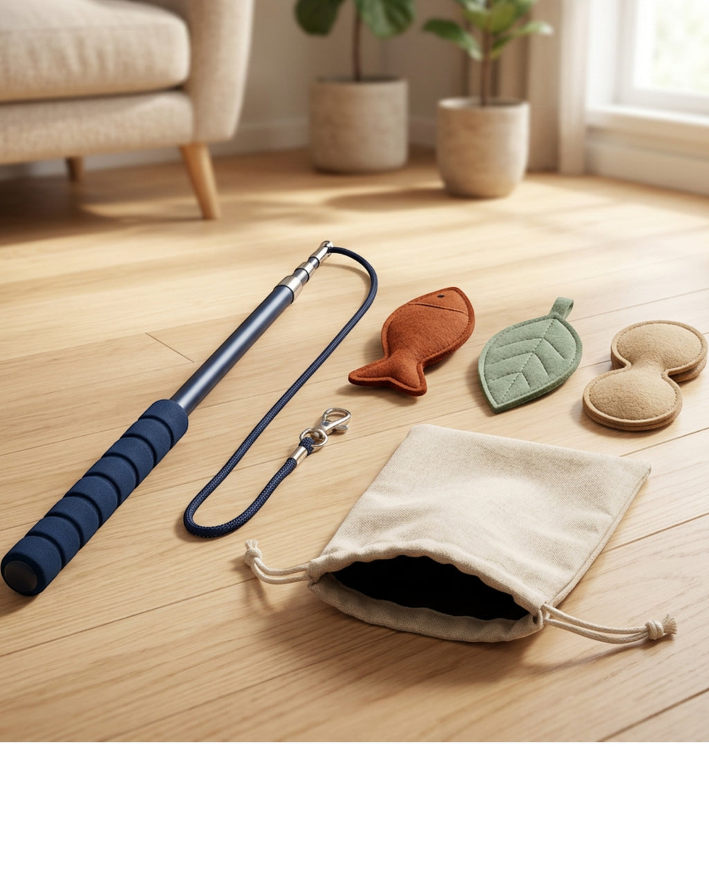 Qndgp Telescoping Cat Wand with Three Felt Attachments Navy - Lifestyle view