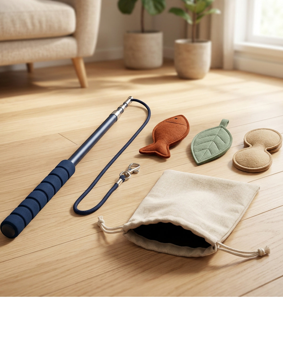 Qndgp Telescoping Cat Wand with Three Felt Attachments Navy - Lifestyle view
