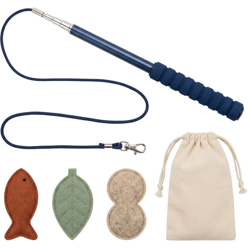 Qndgp Telescoping Cat Wand with Three Felt Attachments Navy - Product view